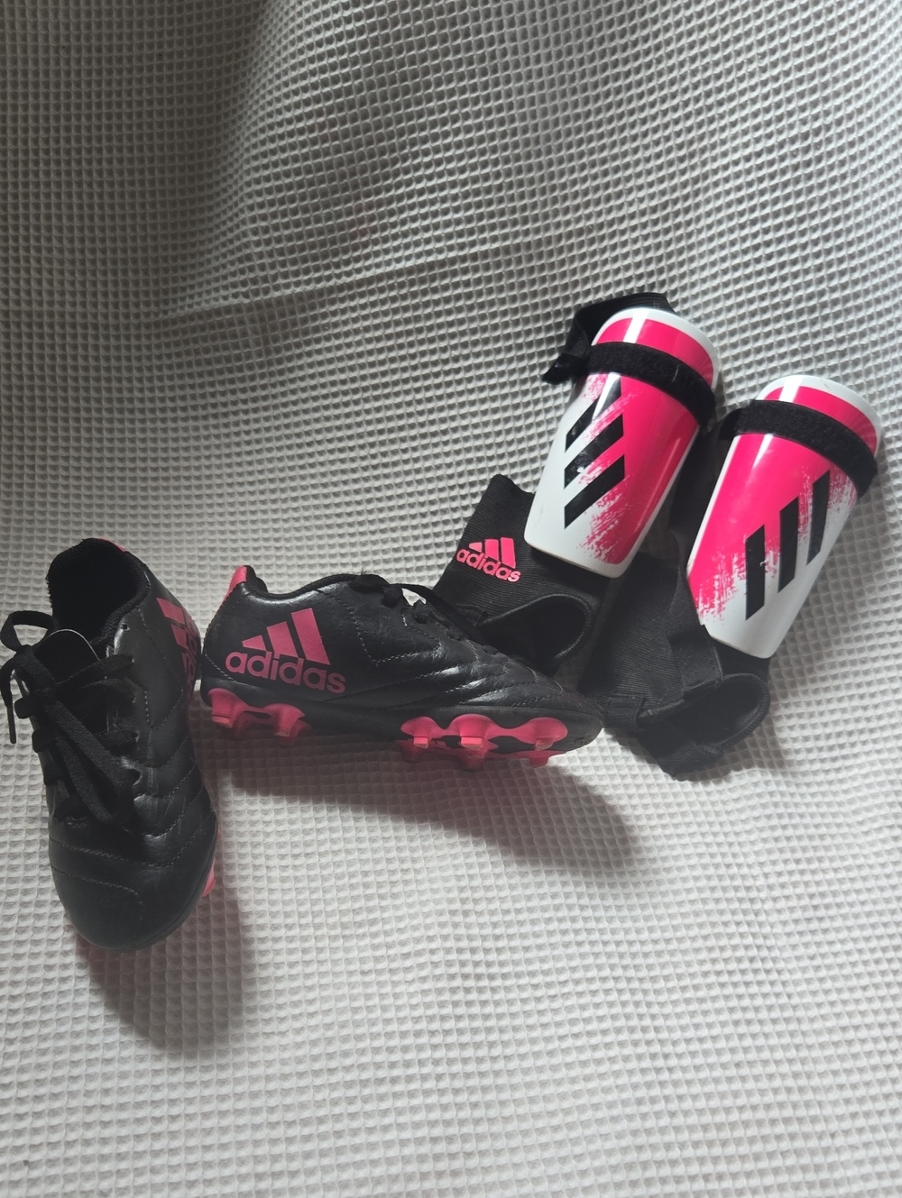 Adidas Kids Soccer Cleats & Shin Guards - Black & Hot Pink